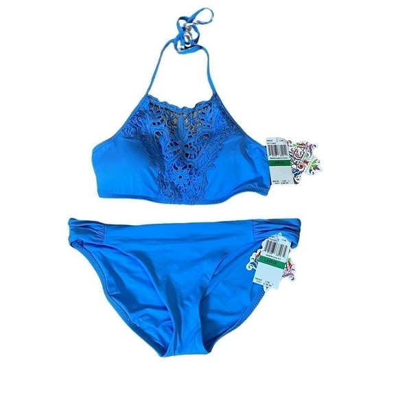 Becca by Rebecca Virtue Other - Becca by Rebecca Virtue 2 Piece Crochet Halter Top Swimsuit Sz. NWT Sz. L